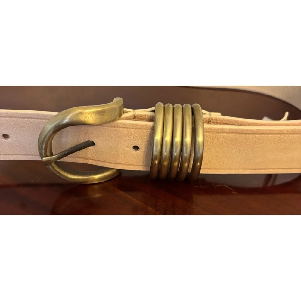 Free People Pale Nude Leather Belt with Stacked Antique Gold Rings
